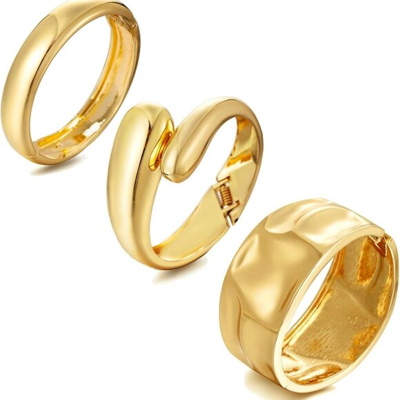 Gold 3-Piece Chunky Cuff Bracelet Set for Women with Adjustable Hinge Design and - Picture 1 of 6